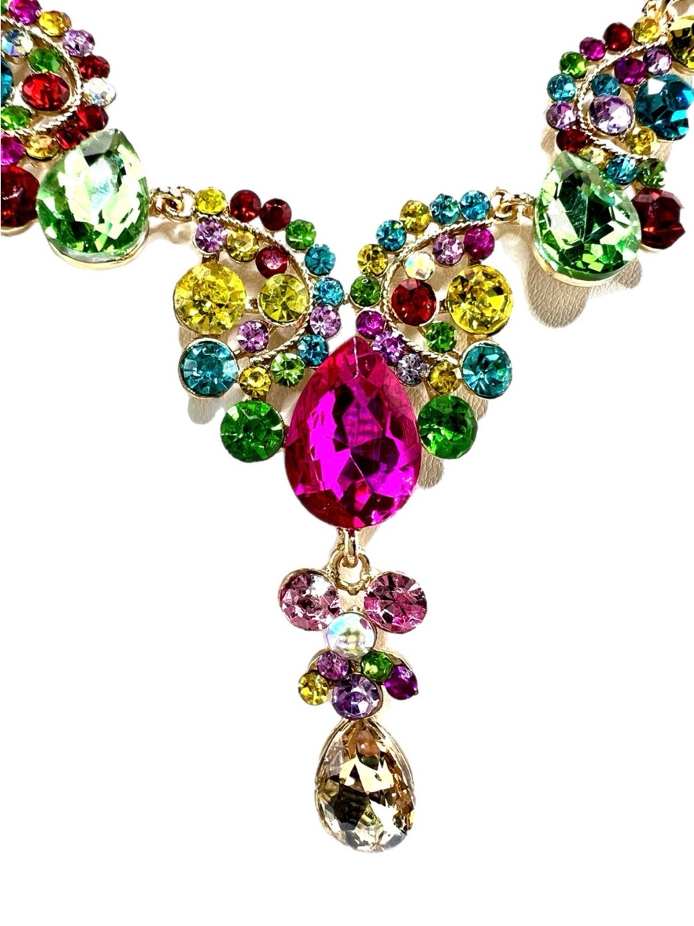 Multicolor Crystal Teardrop Necklace & Earring Set - Gold Tone - Picture 2 of 6